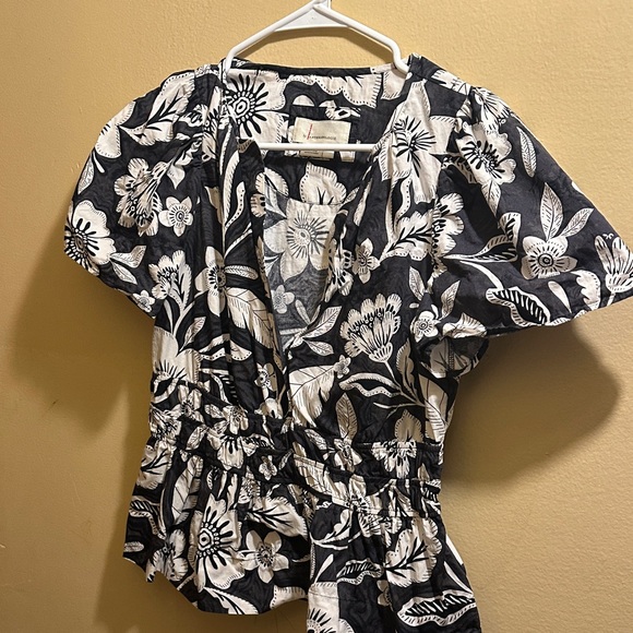 Anthropologie Tops - Anthropologie Monochrome Floral Wrap Blouse